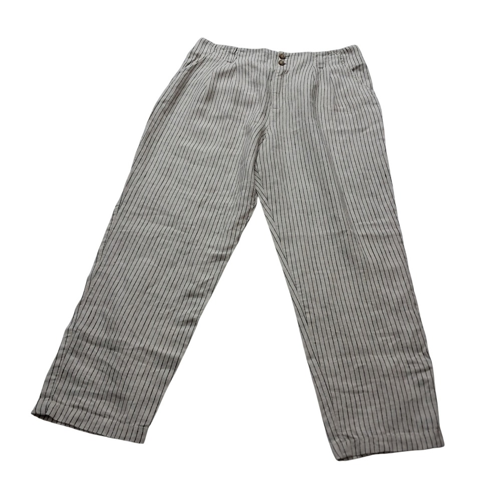 Garnet Hill Pants Womens 12 Ivory Striped Cropped Linen Trousers Coastal Casual
